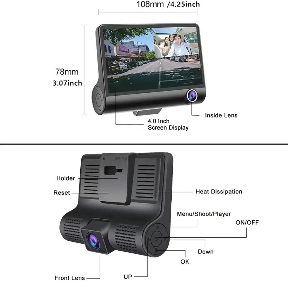 3-Camera Car DVR: 1080P Dash Cam with 4.0" Display, Video Recorder, Auto Registrator, Black Box, and Rear View Camera for Vehicles