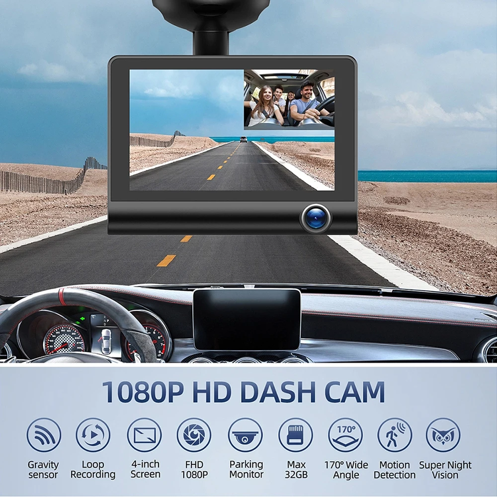 3-Camera Car DVR: 1080P Dash Cam with 4.0" Display, Video Recorder, Auto Registrator, Black Box, and Rear View Camera for Vehicles