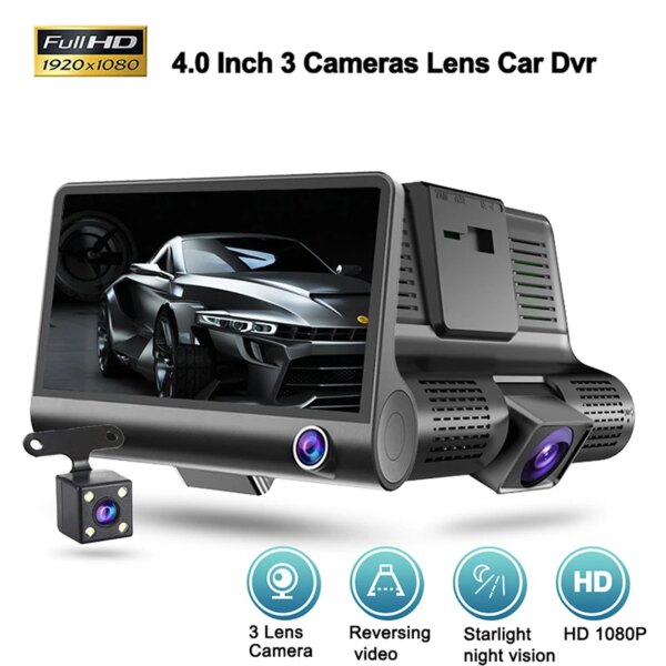 3-Camera Car DVR: 1080P Dash Cam with 4.0" Display, Video Recorder, Auto Registrator, Black Box, and Rear View Camera for Vehicles
