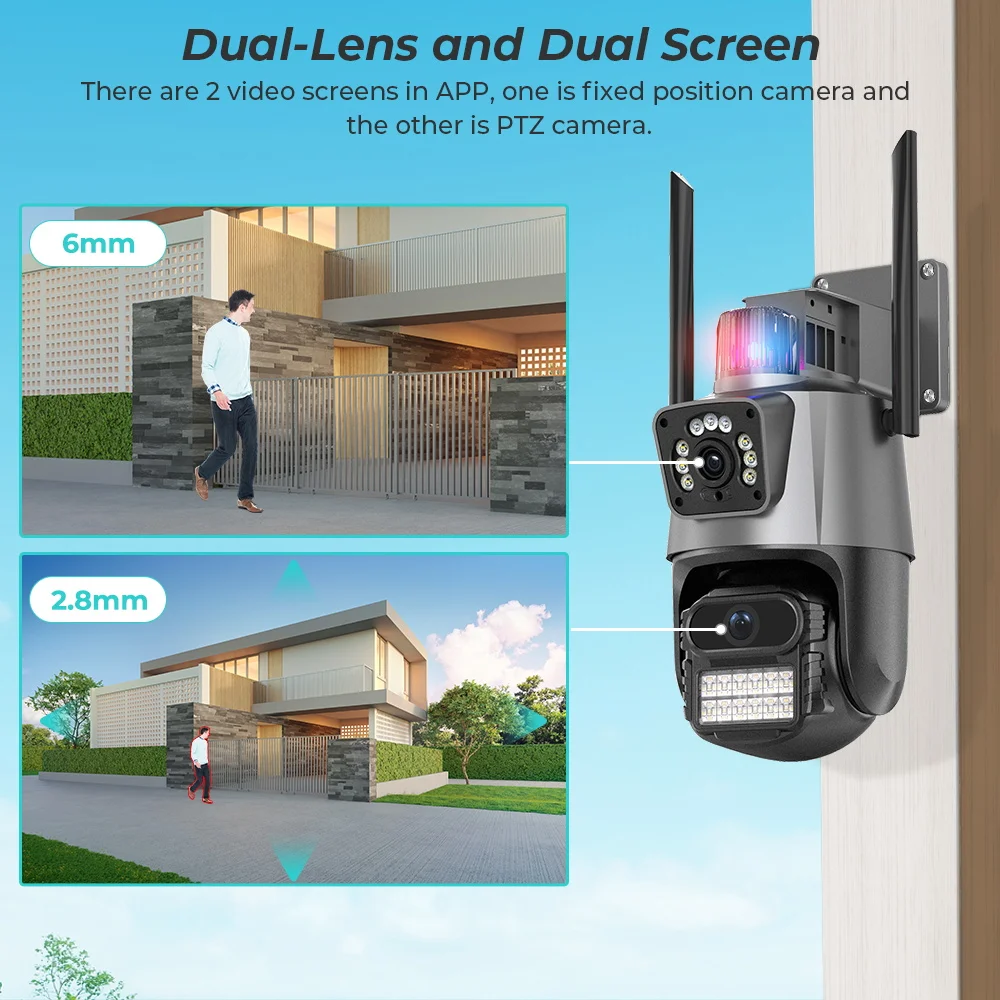 8MP 4K WiFi Camera: Dual Lens Waterproof Security CCTV Video Surveillance Camera with Police Light Alarm IP Camera