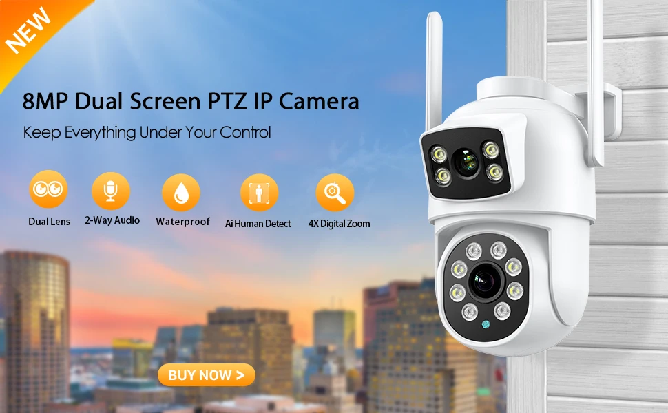 8MP 4K WiFi Camera: Dual Lens Waterproof Security CCTV Video Surveillance Camera with Police Light Alarm IP Camera