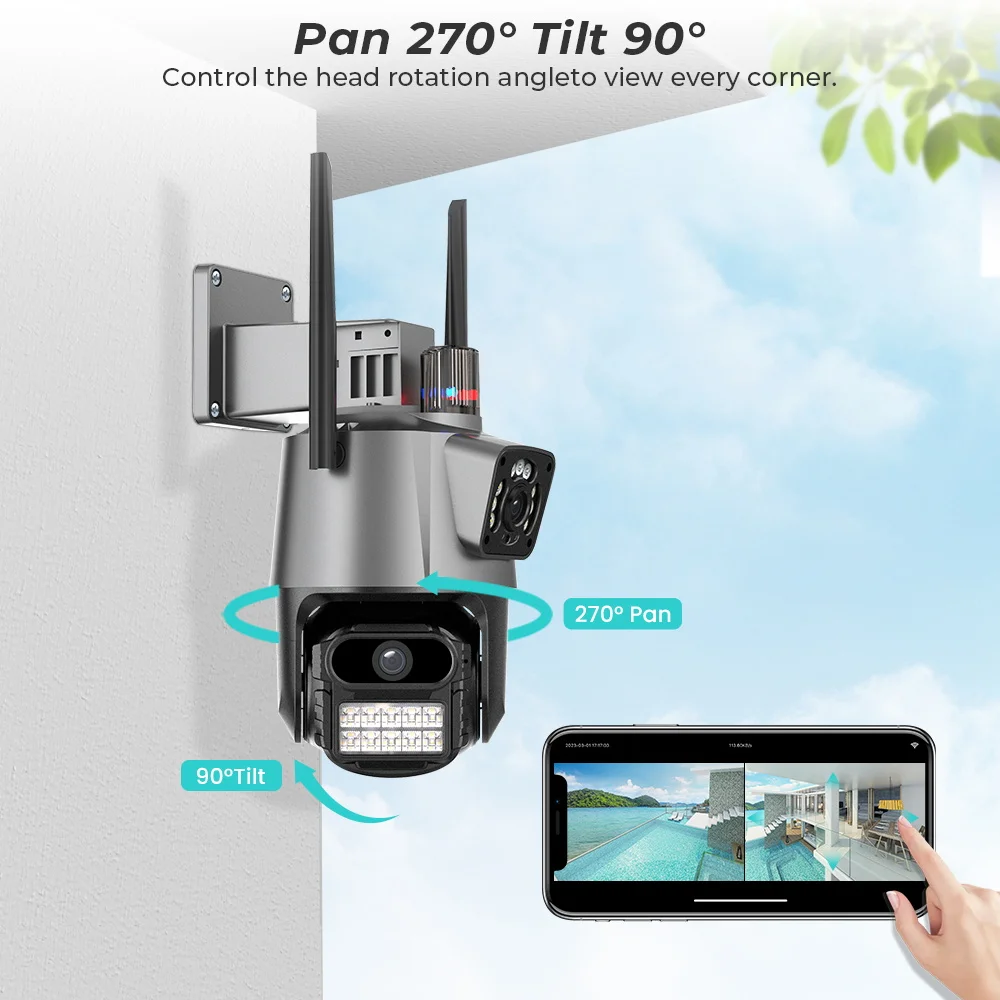 8MP 4K WiFi Camera: Dual Lens Waterproof Security CCTV Video Surveillance Camera with Police Light Alarm IP Camera