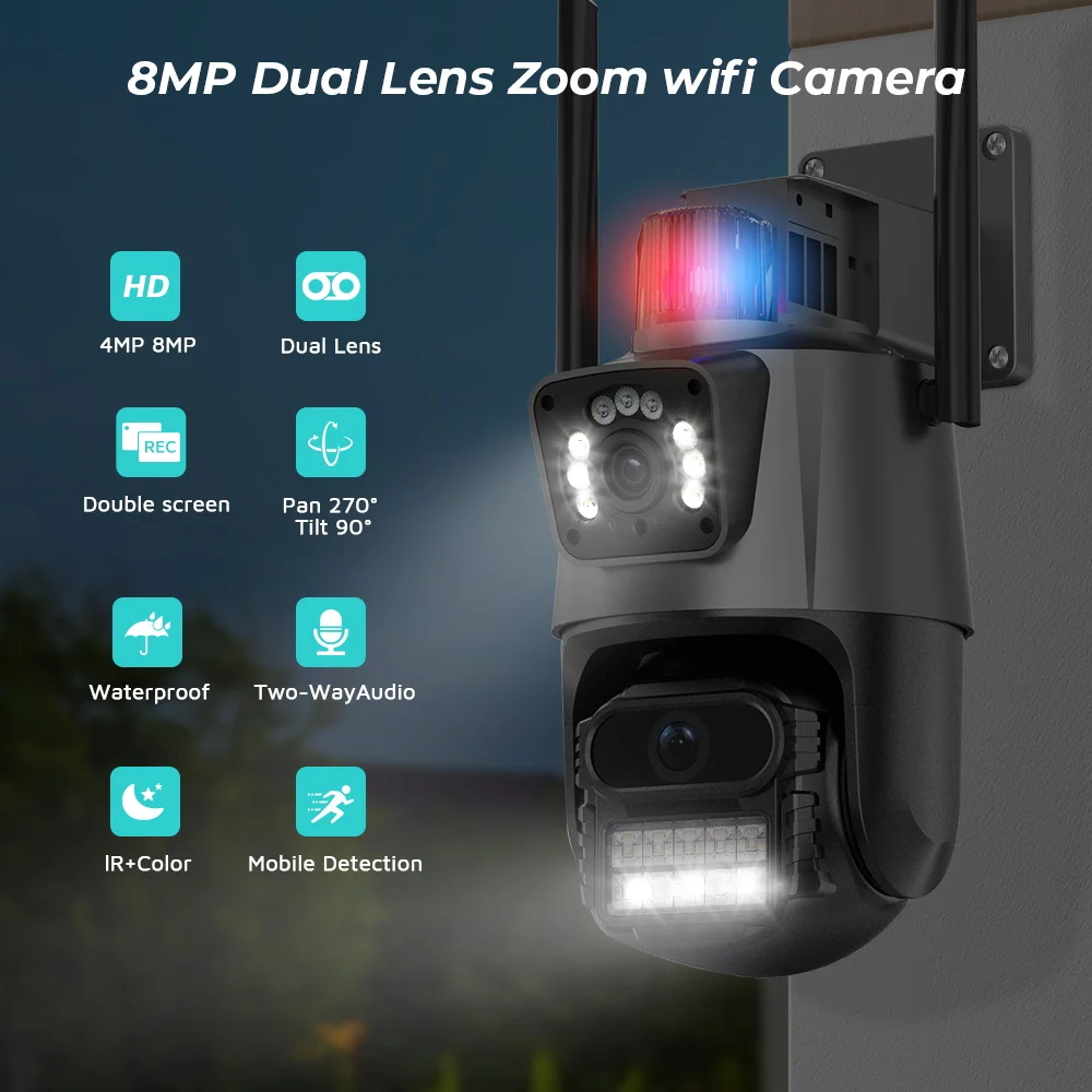 8MP 4K WiFi Camera: Dual Lens Waterproof Security CCTV Video Surveillance Camera with Police Light Alarm IP Camera