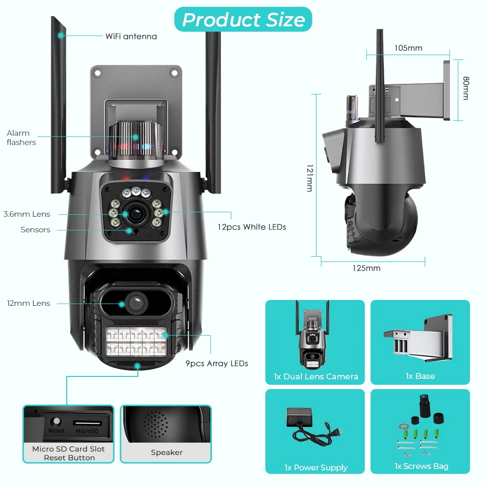 8MP 4K WiFi Camera: Dual Lens Waterproof Security CCTV Video Surveillance Camera with Police Light Alarm IP Camera