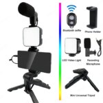 Portable Smartphone Video Kit: Tripod Recording Handle with Phone Holder, Microphone, LED Lighting, and Stabilizer Bracket for Photography and Selfies
