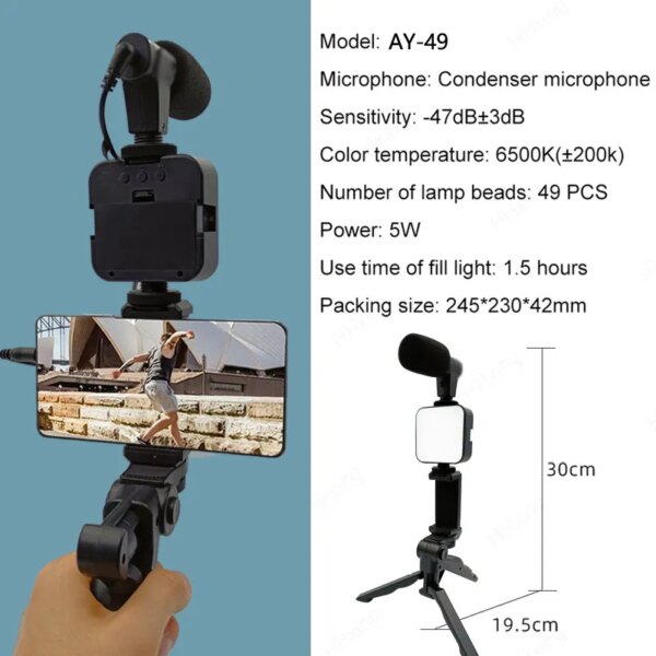 66563-woss9k.jpg Portable Smartphone Video Kit: Tripod Recording Handle with Phone Holder, Microphone, LED Lighting, and Stabilizer Bracket for Photography and Selfies