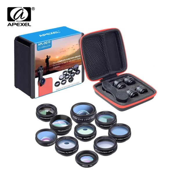 66587-1vjqz5.jpg Universal 10-in-1 Phone Lens Kit: Fisheye, Wide Angle, Macro Lens, CPL Filter, Kaleidoscope, and 2X Telescope Lens for Smartphones by APEXEL
