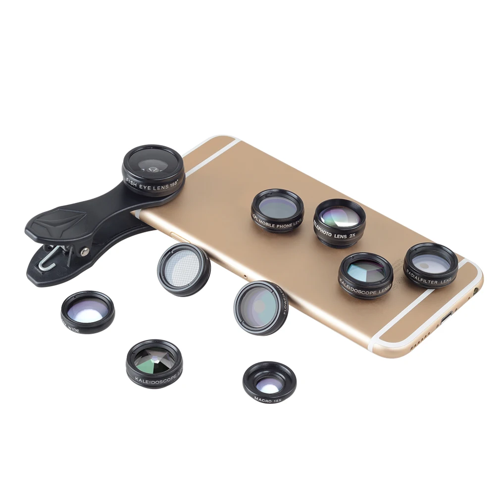 Universal 10-in-1 Phone Lens Kit: Fisheye, Wide Angle, Macro Lens, CPL Filter, Kaleidoscope, and 2X Telescope Lens for Smartphones by APEXEL