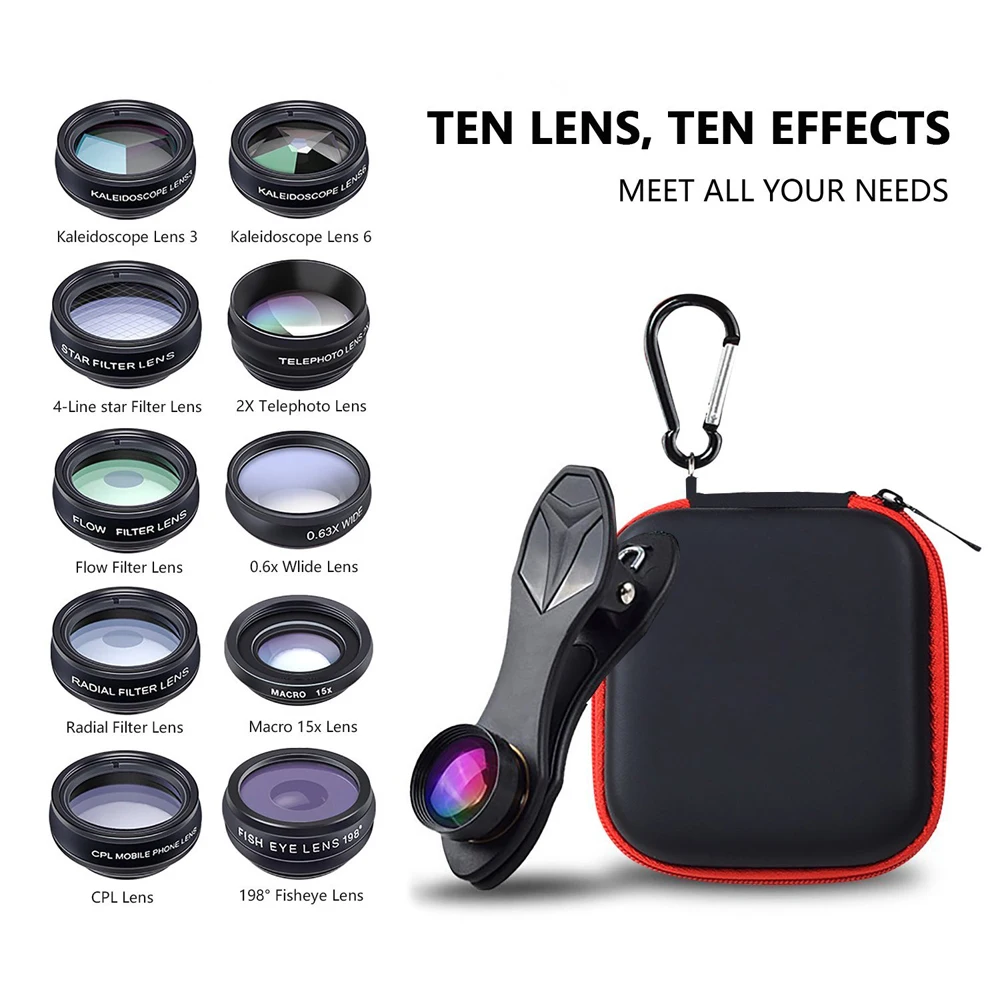 Universal 10-in-1 Phone Lens Kit: Fisheye, Wide Angle, Macro Lens, CPL Filter, Kaleidoscope, and 2X Telescope Lens for Smartphones by APEXEL