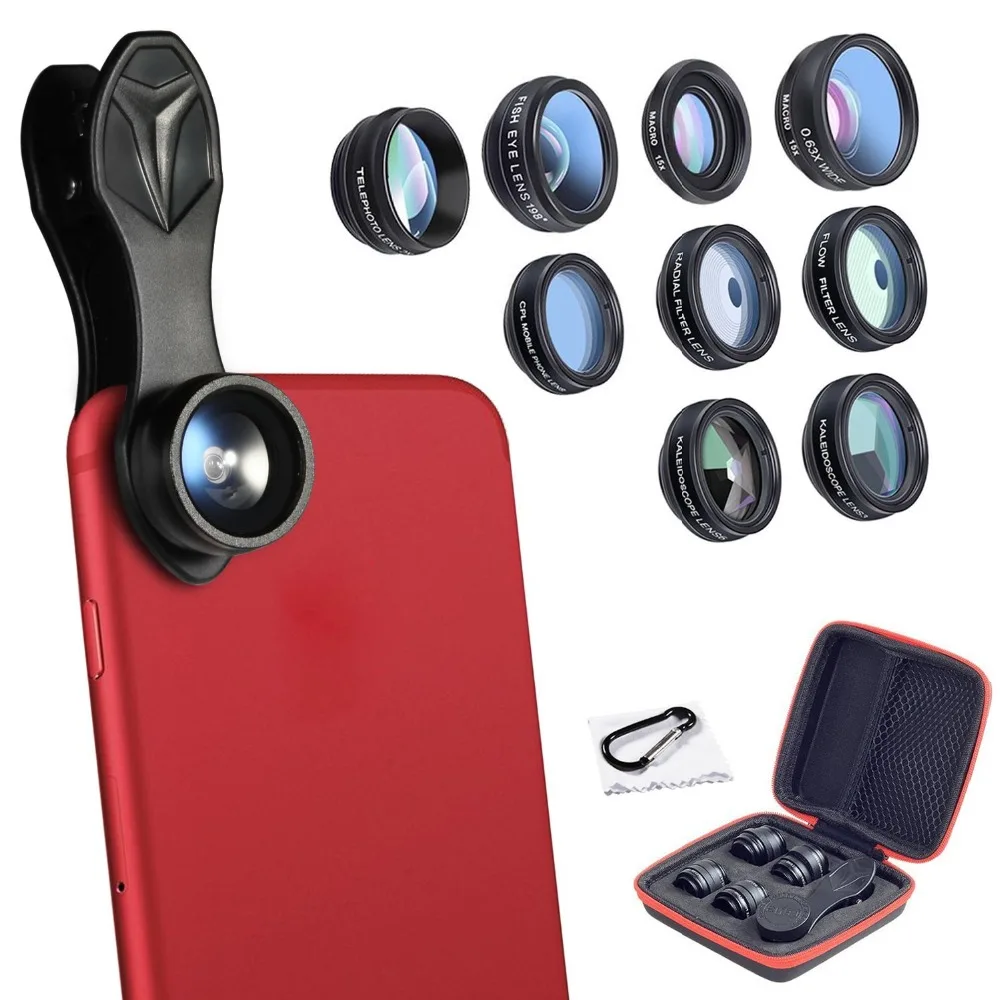 Universal 10-in-1 Phone Lens Kit: Fisheye, Wide Angle, Macro Lens, CPL Filter, Kaleidoscope, and 2X Telescope Lens for Smartphones by APEXEL