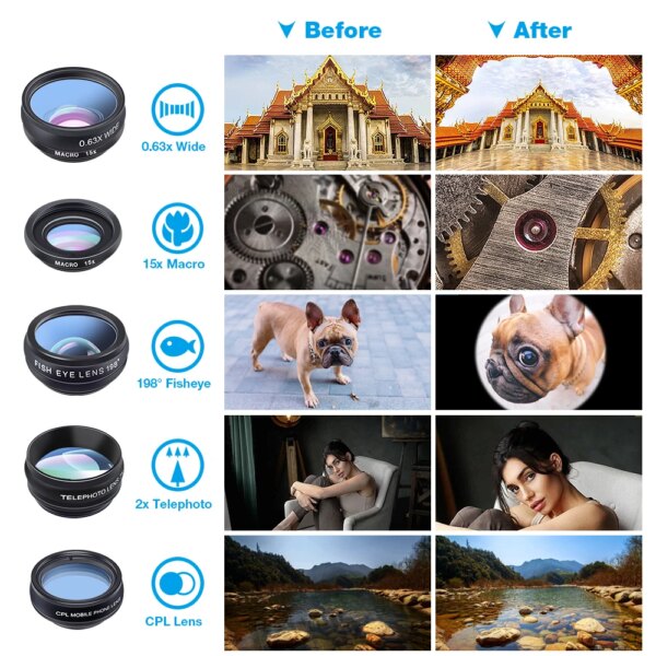 66587-ehzdkd.jpg Universal 10-in-1 Phone Lens Kit: Fisheye, Wide Angle, Macro Lens, CPL Filter, Kaleidoscope, and 2X Telescope Lens for Smartphones by APEXEL