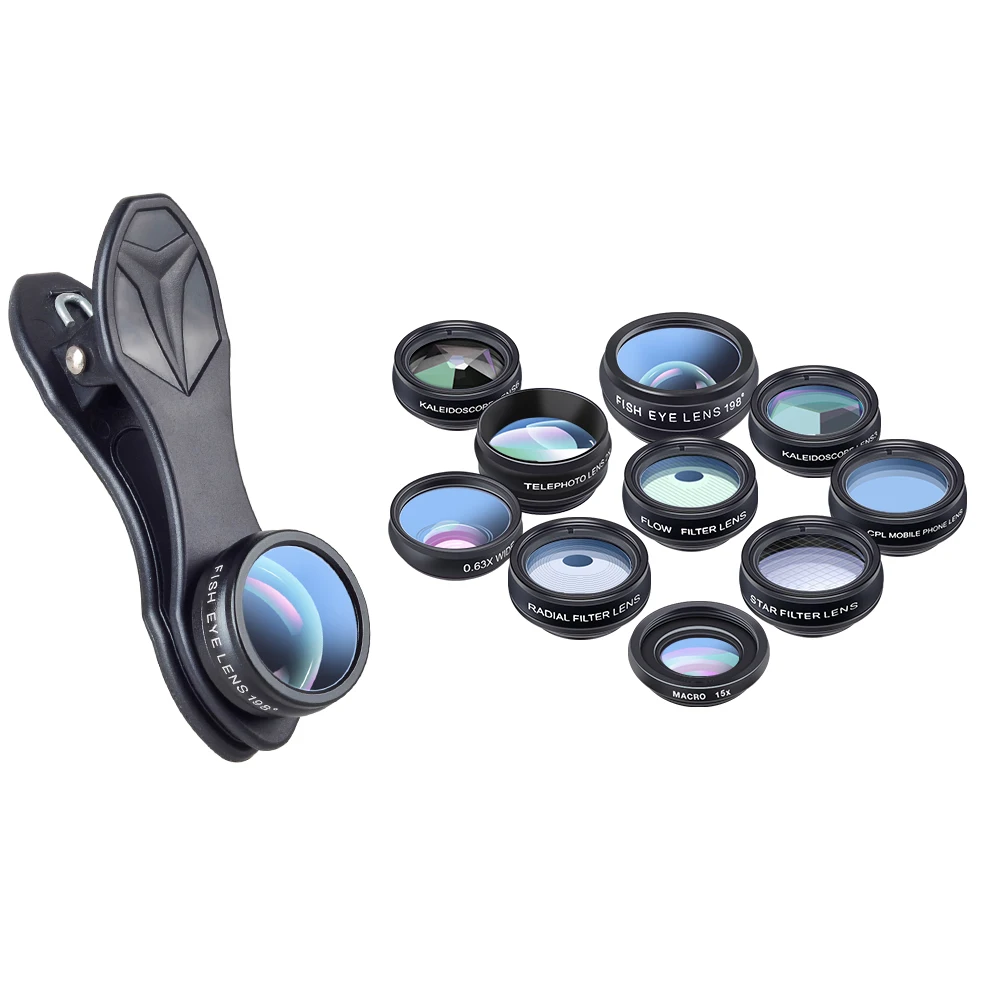 Universal 10-in-1 Phone Lens Kit: Fisheye, Wide Angle, Macro Lens, CPL Filter, Kaleidoscope, and 2X Telescope Lens for Smartphones by APEXEL