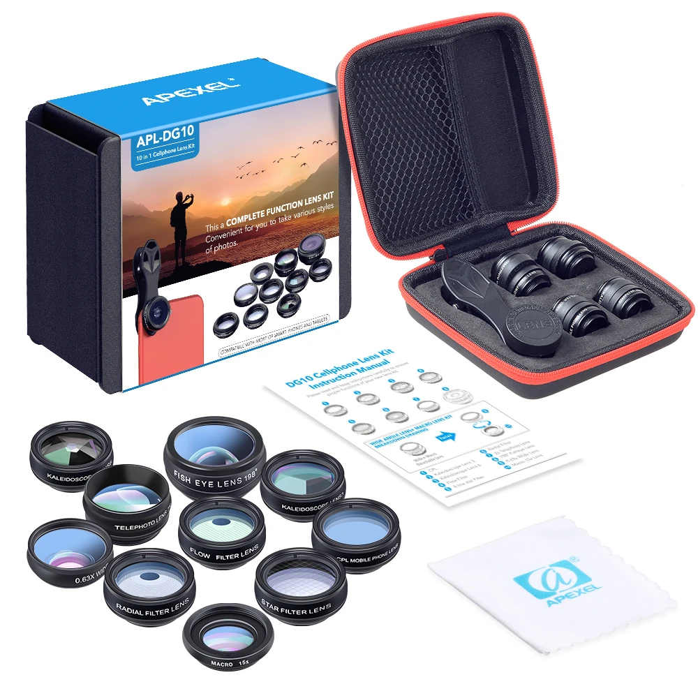 Universal 10-in-1 Phone Lens Kit: Fisheye, Wide Angle, Macro Lens, CPL Filter, Kaleidoscope, and 2X Telescope Lens for Smartphones by APEXEL