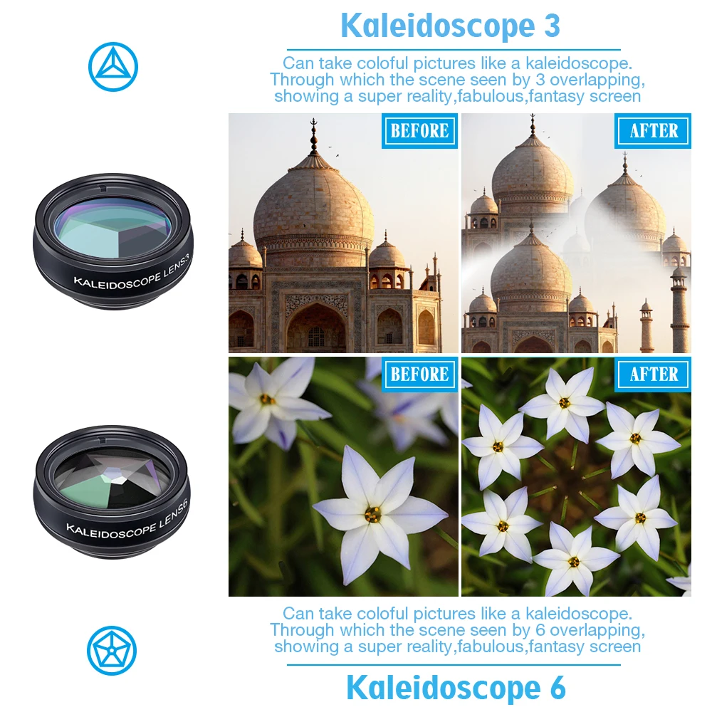 Universal 10-in-1 Phone Lens Kit: Fisheye, Wide Angle, Macro Lens, CPL Filter, Kaleidoscope, and 2X Telescope Lens for Smartphones by APEXEL