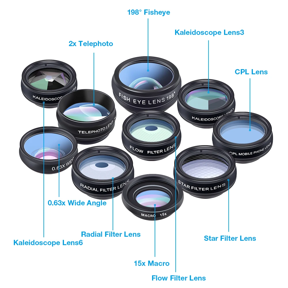 Universal 10-in-1 Phone Lens Kit: Fisheye, Wide Angle, Macro Lens, CPL Filter, Kaleidoscope, and 2X Telescope Lens for Smartphones by APEXEL