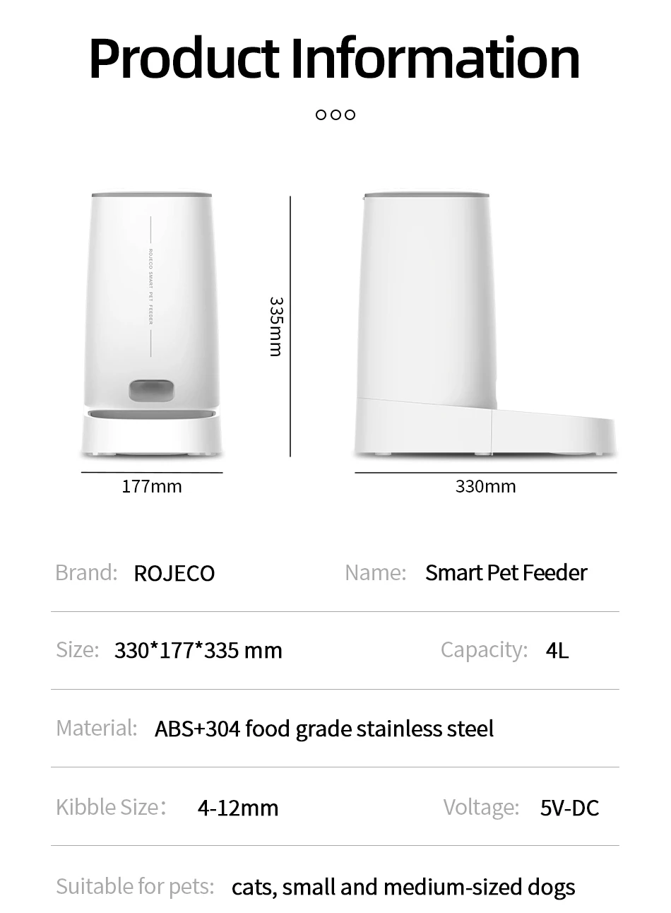 ROJECO 4L Automatic Pet Feeder: Smart Control Cat/Dog Food Dispenser