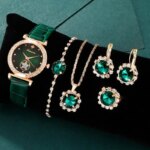 6pcs Set Luxury Green Quartz Watch Set: Ring, Necklace, Earring, Rhinestone Bracelet, Wristwatch