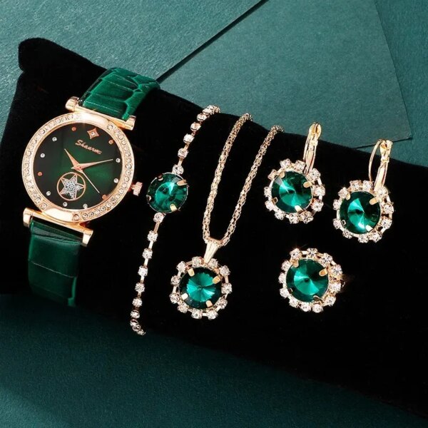 67549-lxefpg.jpg 6pcs Set Luxury Green Quartz Watch Set: Ring, Necklace, Earring, Rhinestone Bracelet, Wristwatch