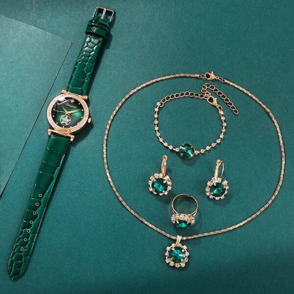 67549-xhdn8q.jpg 6pcs Set Luxury Green Quartz Watch Set: Ring, Necklace, Earring, Rhinestone Bracelet, Wristwatch