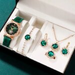 6pcs Set Luxury Green Quartz Watch Set: Ring, Necklace, Earring, Rhinestone Bracelet, Wristwatch