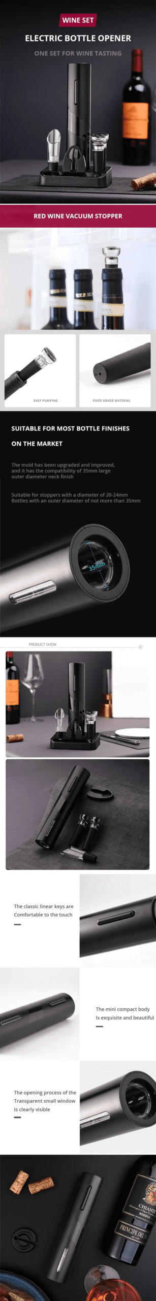 Black Electric Wine Opener: Automatic Corkscrew with USB Charging