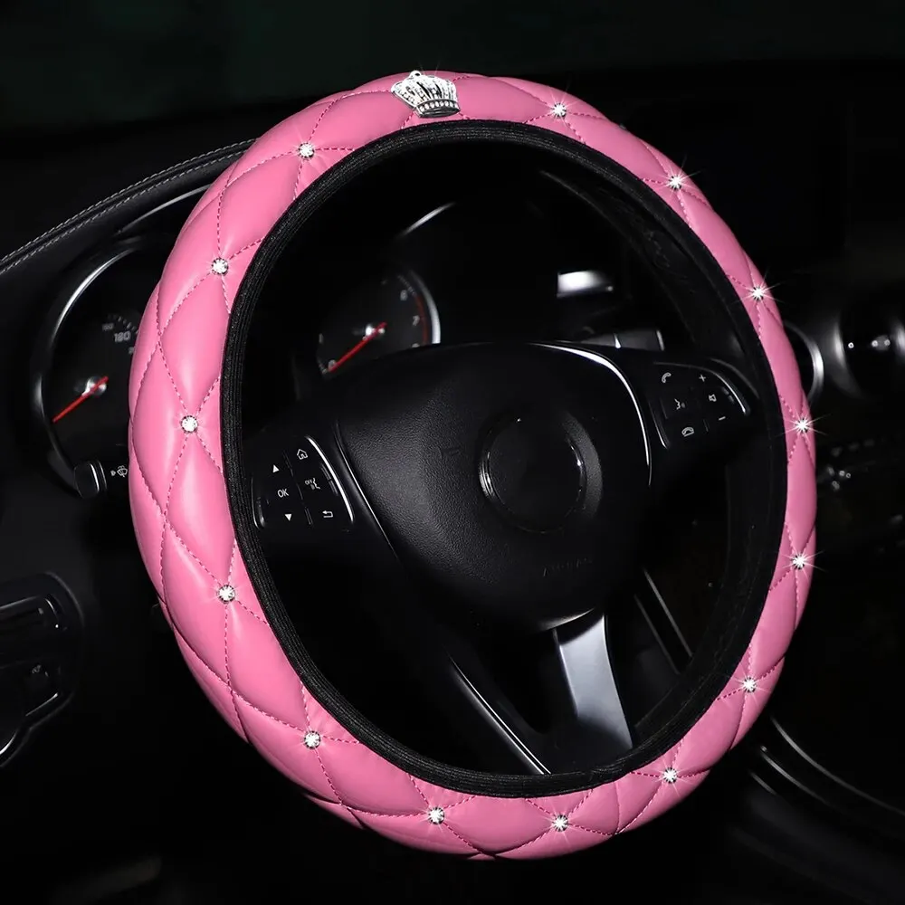 Sheepskin Print Steering Wheel Cover: Diamond-Encrusted Crown Design