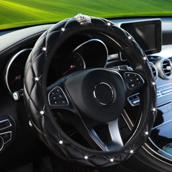 Sheepskin Print Steering Wheel Cover: Diamond-Encrusted Crown Design
