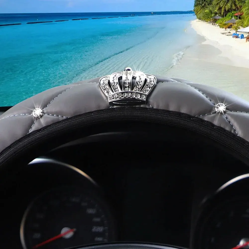 Sheepskin Print Steering Wheel Cover: Diamond-Encrusted Crown Design