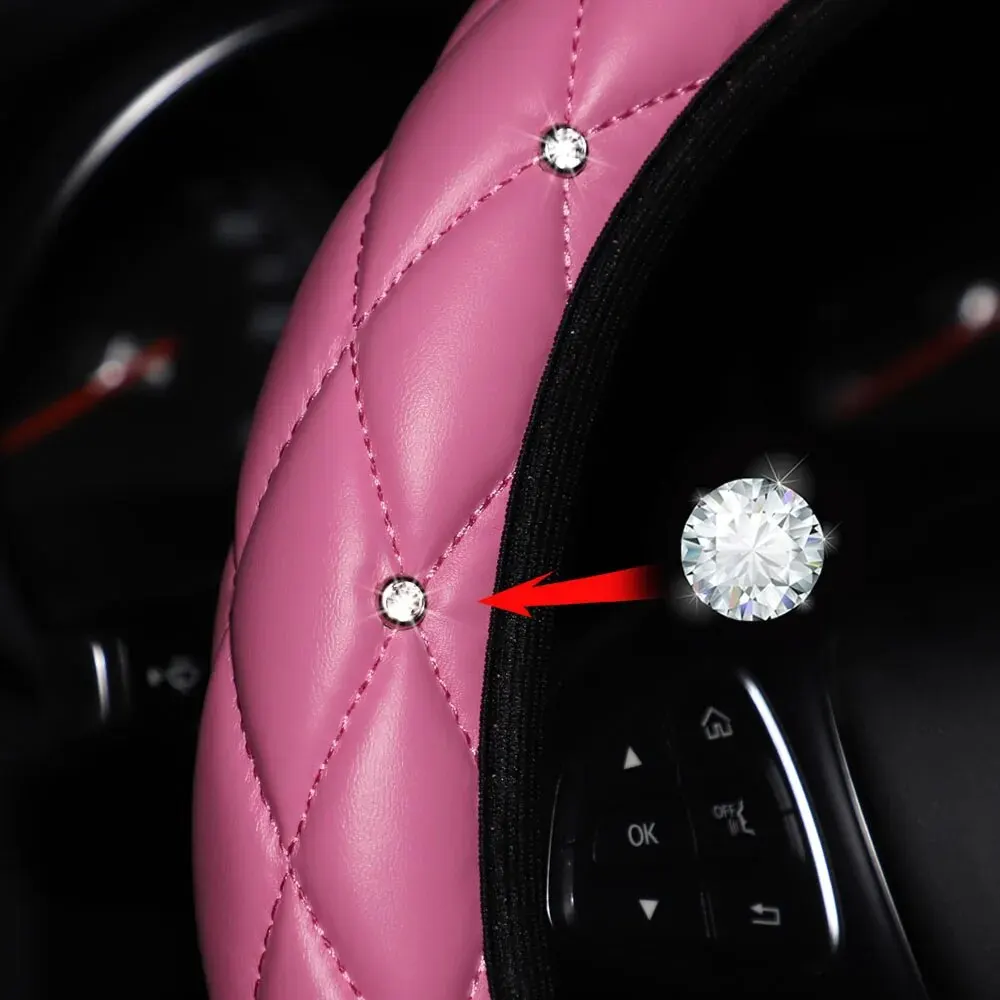 Sheepskin Print Steering Wheel Cover: Diamond-Encrusted Crown Design