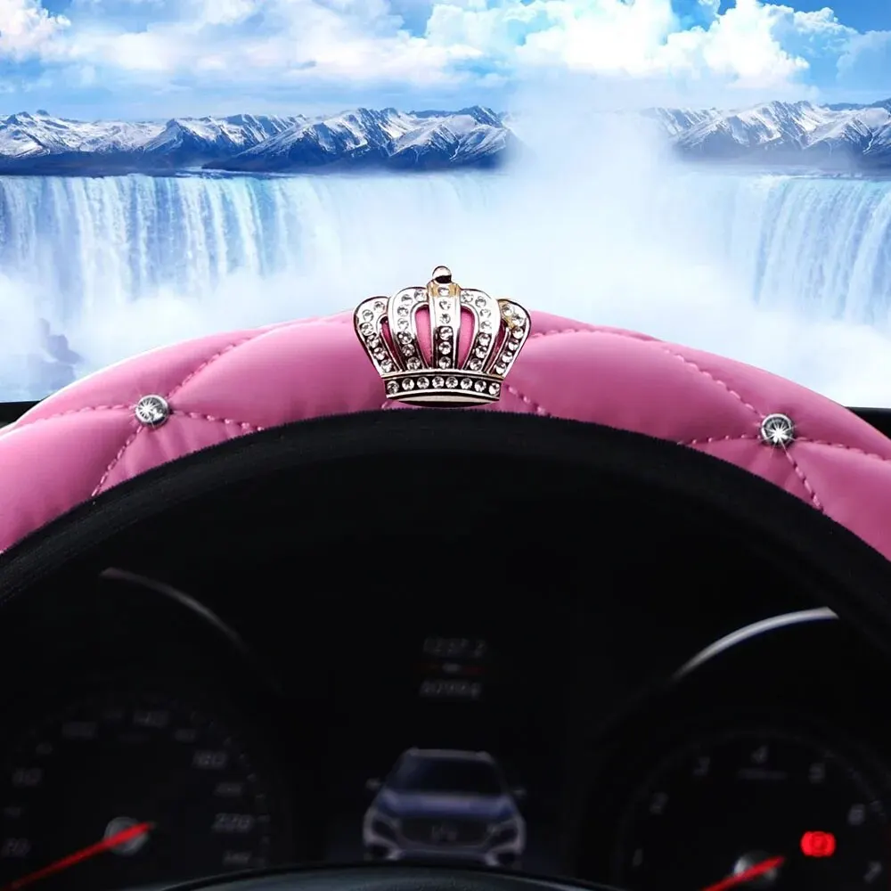 Sheepskin Print Steering Wheel Cover: Diamond-Encrusted Crown Design