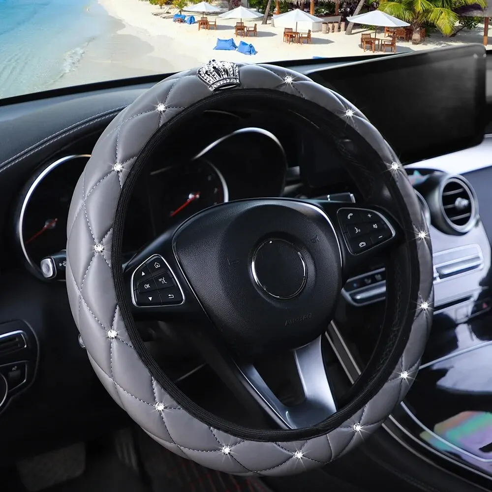 Sheepskin Print Steering Wheel Cover: Diamond-Encrusted Crown Design