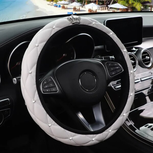 Sheepskin Print Steering Wheel Cover: Diamond-Encrusted Crown Design