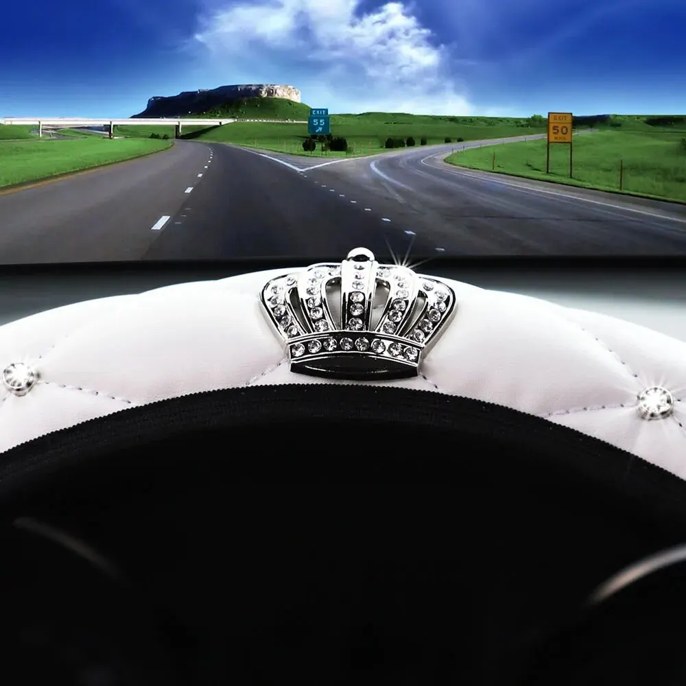 Sheepskin Print Steering Wheel Cover: Diamond-Encrusted Crown Design