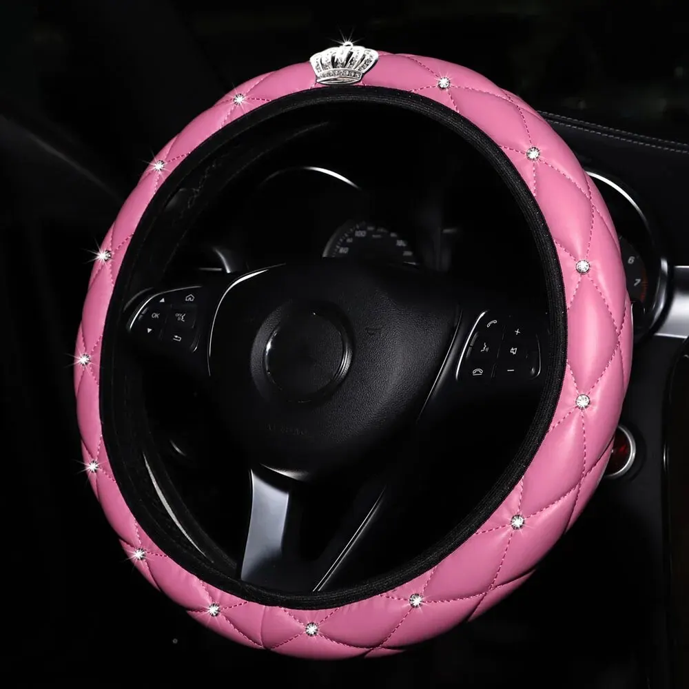 Sheepskin Print Steering Wheel Cover: Diamond-Encrusted Crown Design