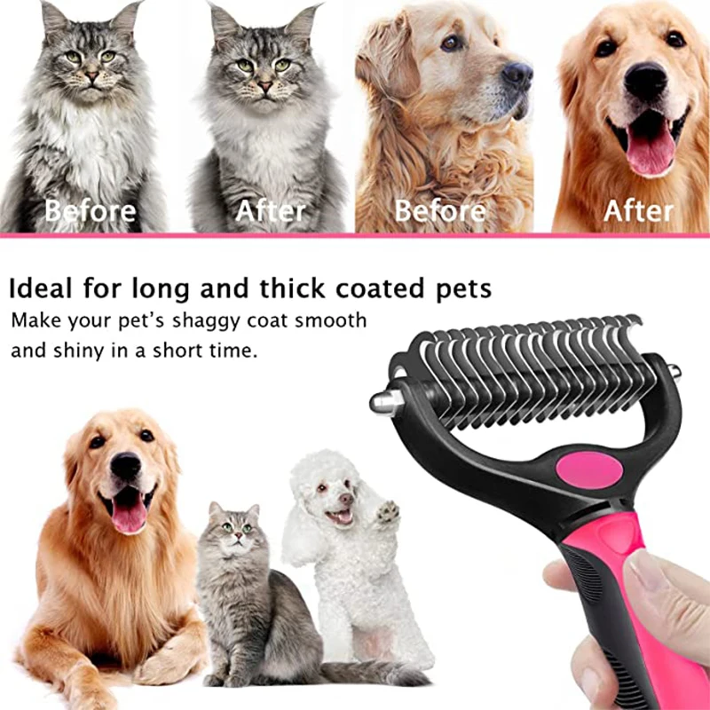 Professional Dog Deshedding Brush: Double-Sided Pet Grooming Comb for Cats and Dogs, Fur Knot Cutter