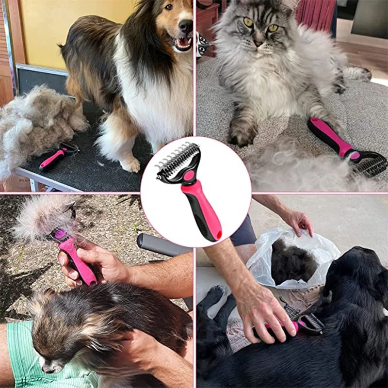 Professional Dog Deshedding Brush: Double-Sided Pet Grooming Comb for Cats and Dogs, Fur Knot Cutter