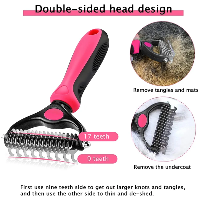 Professional Dog Deshedding Brush: Double-Sided Pet Grooming Comb for Cats and Dogs, Fur Knot Cutter