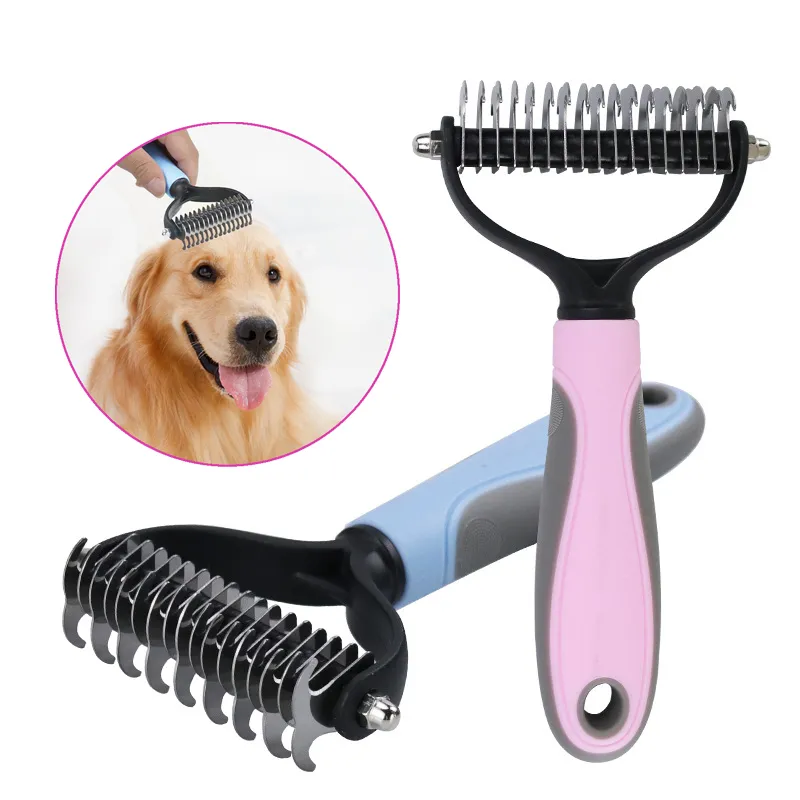 Professional Dog Deshedding Brush: Double-Sided Pet Grooming Comb for Cats and Dogs, Fur Knot Cutter