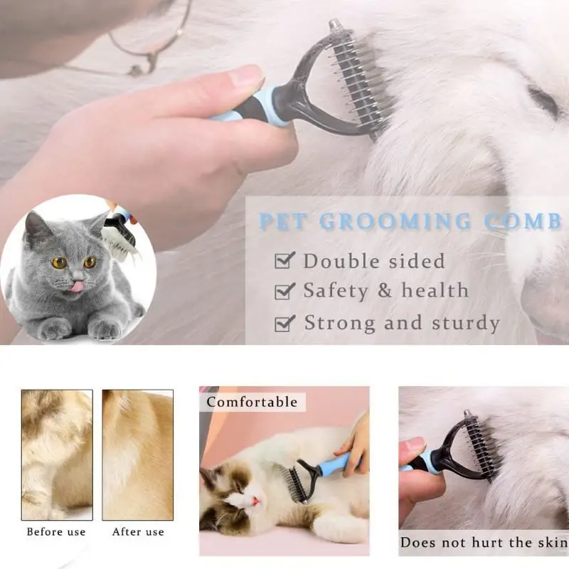 Professional Dog Deshedding Brush: Double-Sided Pet Grooming Comb for Cats and Dogs, Fur Knot Cutter