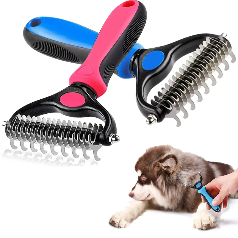 Professional Dog Deshedding Brush: Double-Sided Pet Grooming Comb for Cats and Dogs, Fur Knot Cutter