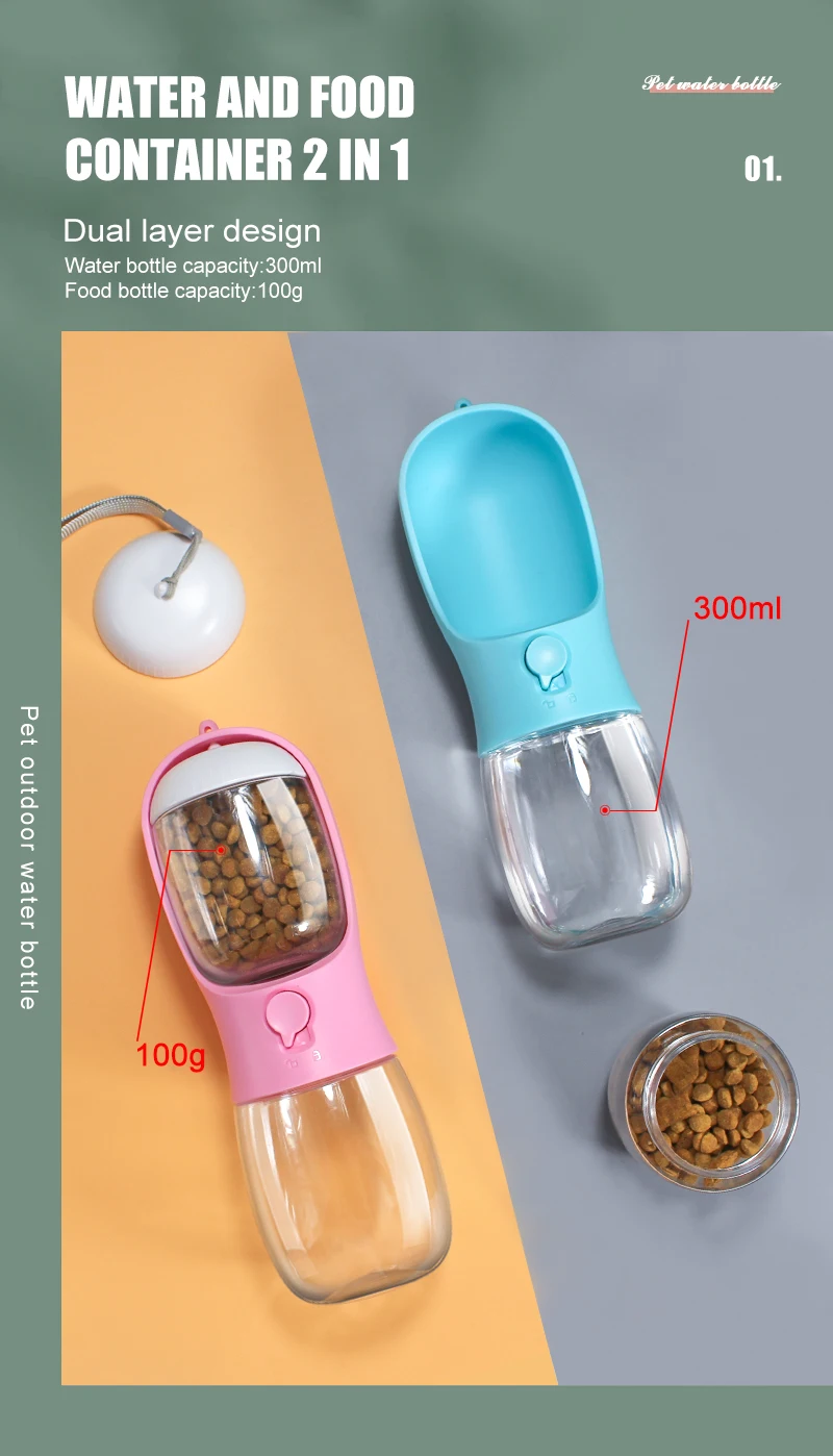 Portable 2-in-1 Pet Travel Water Bottle: 300ml Capacity with Food Dispenser, Food Grade Material