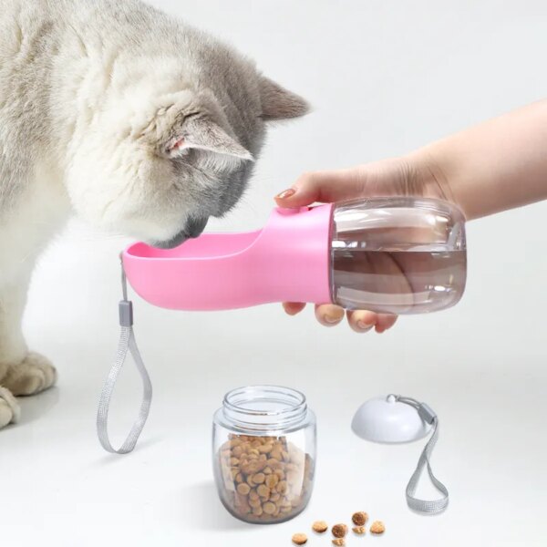 68609-i3zclk.jpg Portable 2-in-1 Pet Travel Water Bottle: 300ml Capacity with Food Dispenser, Food Grade Material