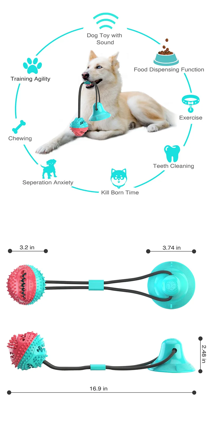 Large Dog Ball Toy: Interactive Slow Feeder Chew Toy with Suction Cup Ropes for Golden Retrievers and Big Dogs