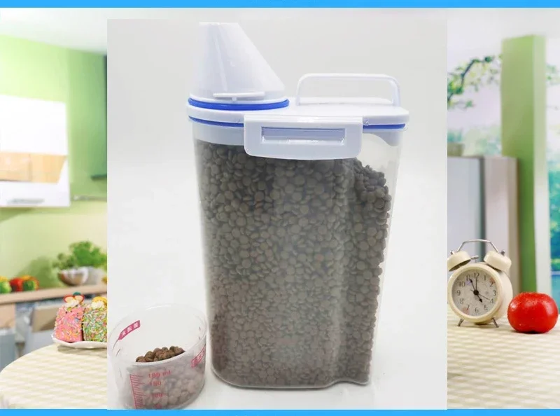 1.5kg/2kg Plastic Pet Food Storage Tank: Moisture-proof Sealed Jar with Measuring Cup