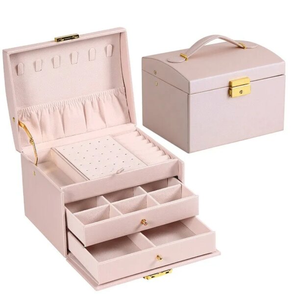69909-a18iiv.jpg Multi-Functional Three-Layer Leather Jewelry Box: Drawer Style, Earrings Lock Jewelry Box