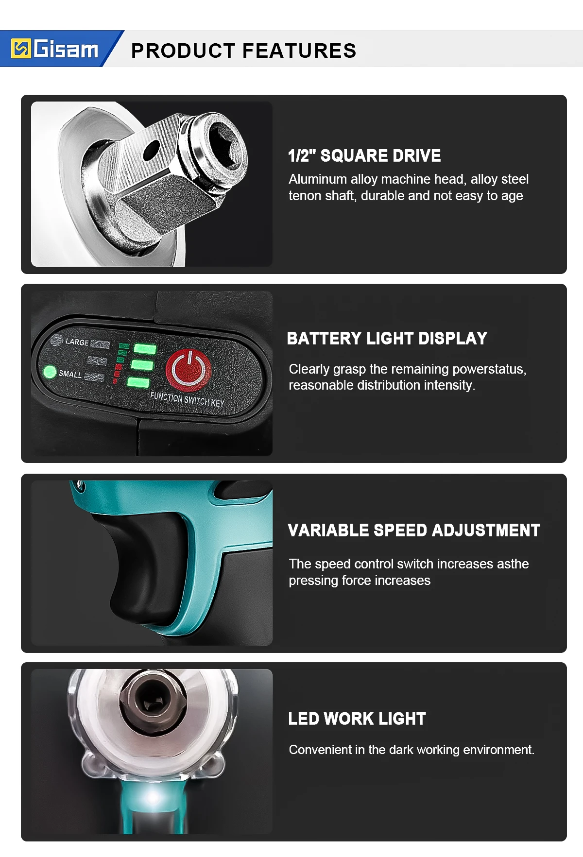 Gisam 520N.M Brushless Electric Impact Wrench: Cordless 1/2 inch Electric Wrench for Makita 18V Battery Power Tools