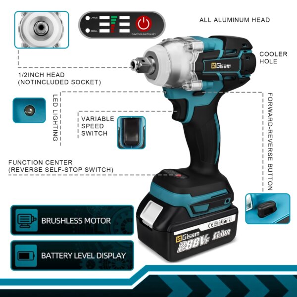 Gisam 520N.M Brushless Electric Impact Wrench: Cordless 1/2 inch Electric Wrench for Makita 18V Battery Power Tools
