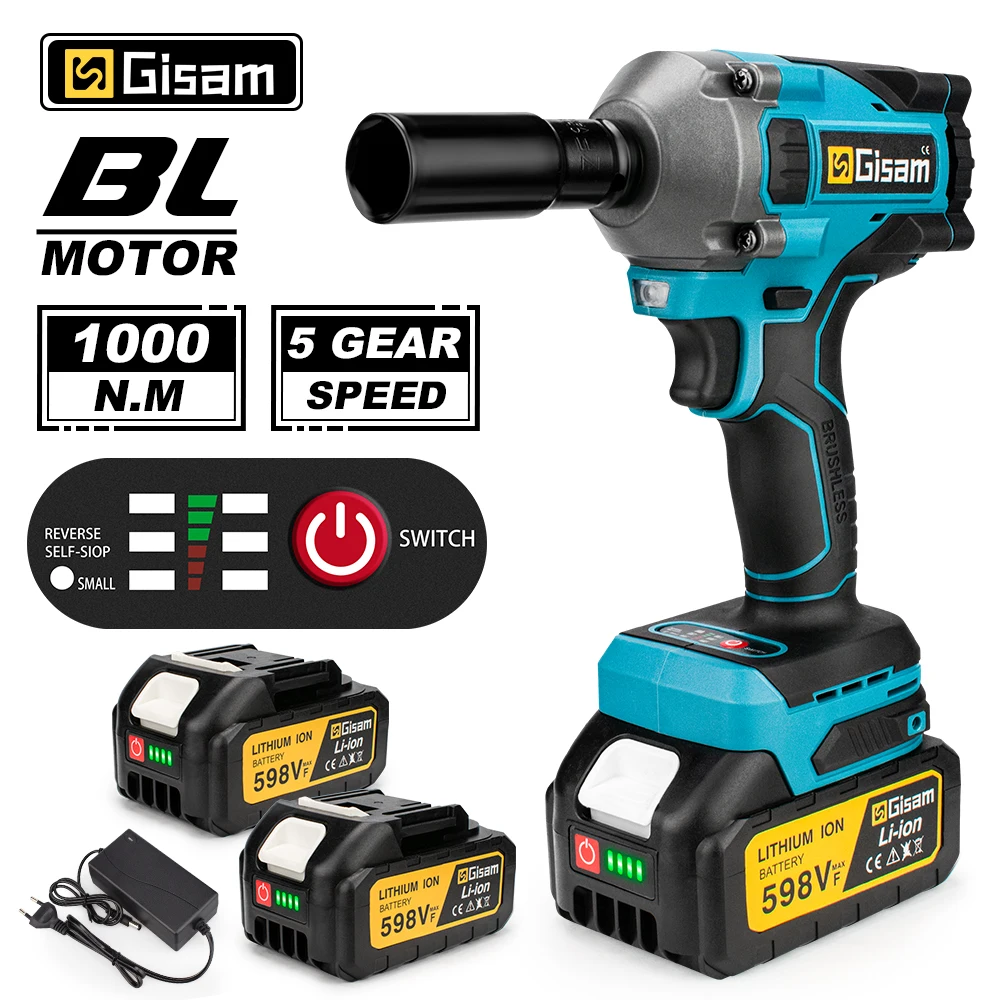 Gisam 520N.M Brushless Electric Impact Wrench: Cordless 1/2 inch Electric Wrench for Makita 18V Battery Power Tools