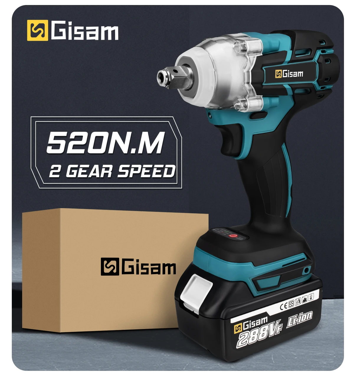 Gisam 520N.M Brushless Electric Impact Wrench: Cordless 1/2 inch Electric Wrench for Makita 18V Battery Power Tools