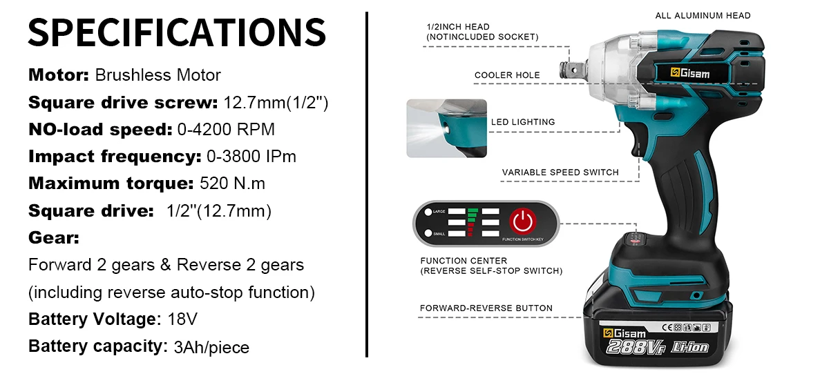 Gisam 520N.M Brushless Electric Impact Wrench: Cordless 1/2 inch Electric Wrench for Makita 18V Battery Power Tools